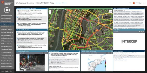 A situational awareness dashboard that shows real-time emergency alerts developed by InterCEP and used by public and private organizations including the Port Authority of NY and NJ. 